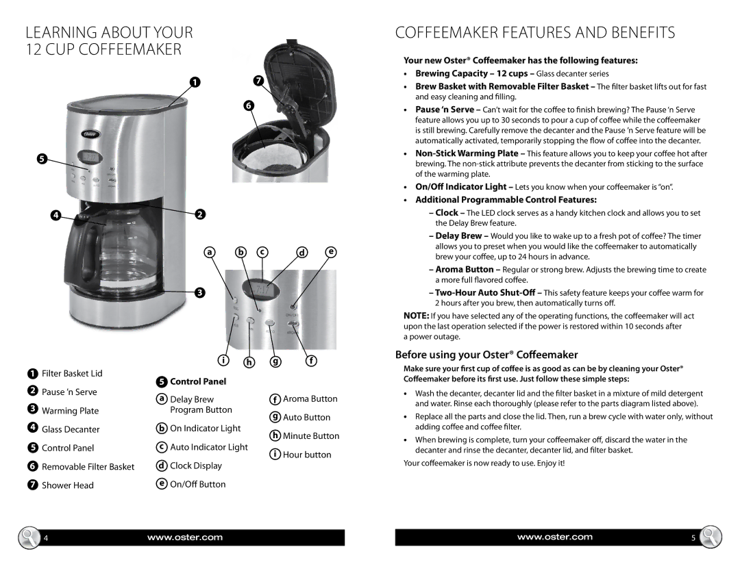 Oster BVST-RDXSS43, 137264 manual Learning about your 12 Cup Coffeemaker, Coffeemaker features and benefits, Control Panel 