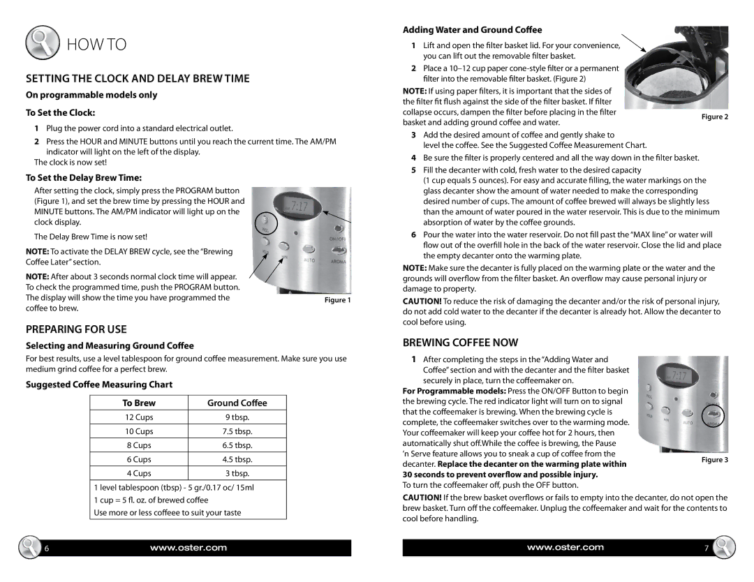 Oster 137264, BVST-RDXSS43 manual HOW To, Setting the clock and delay brew time, Preparing for USE, Brewing Coffee NOW 