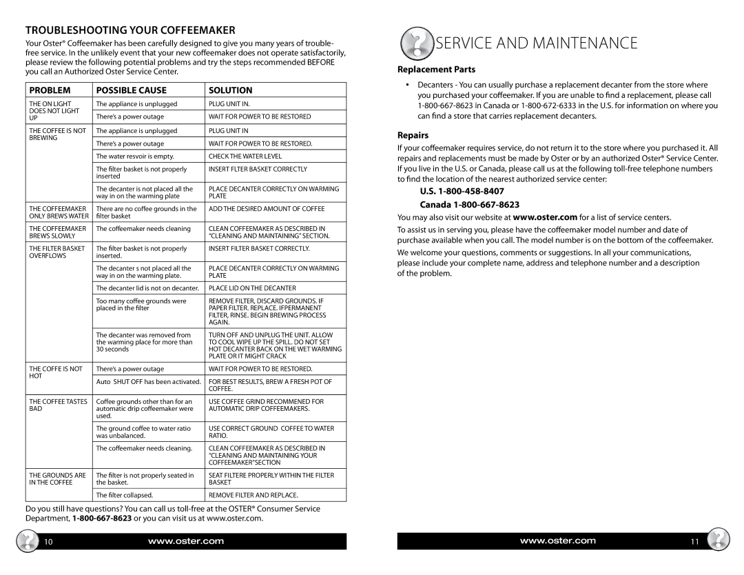 Oster 137264, BVST-RDXSS43 manual Service and Maintenance, Troubleshooting your coffeemaker, Problem Possible Cause Solution 