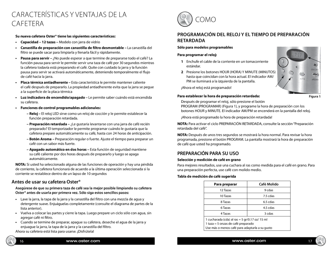 Oster BVST-RDXSS43 Características y ventajas de la cafetera, Antes de usar su cafetera Oster, Preparación Para SU USO 