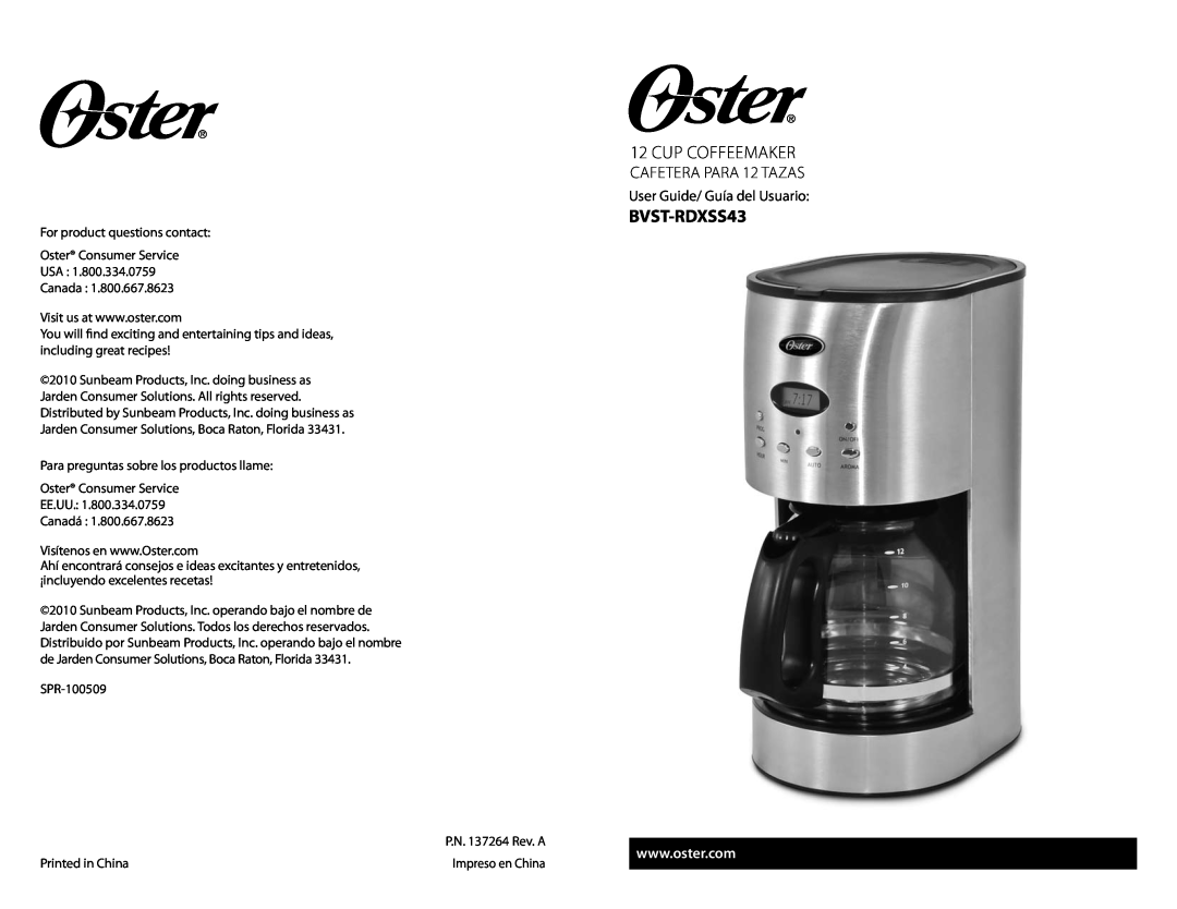 Oster BVST-RDXSS43, 137264 manual Cup COFFEEMAKER 