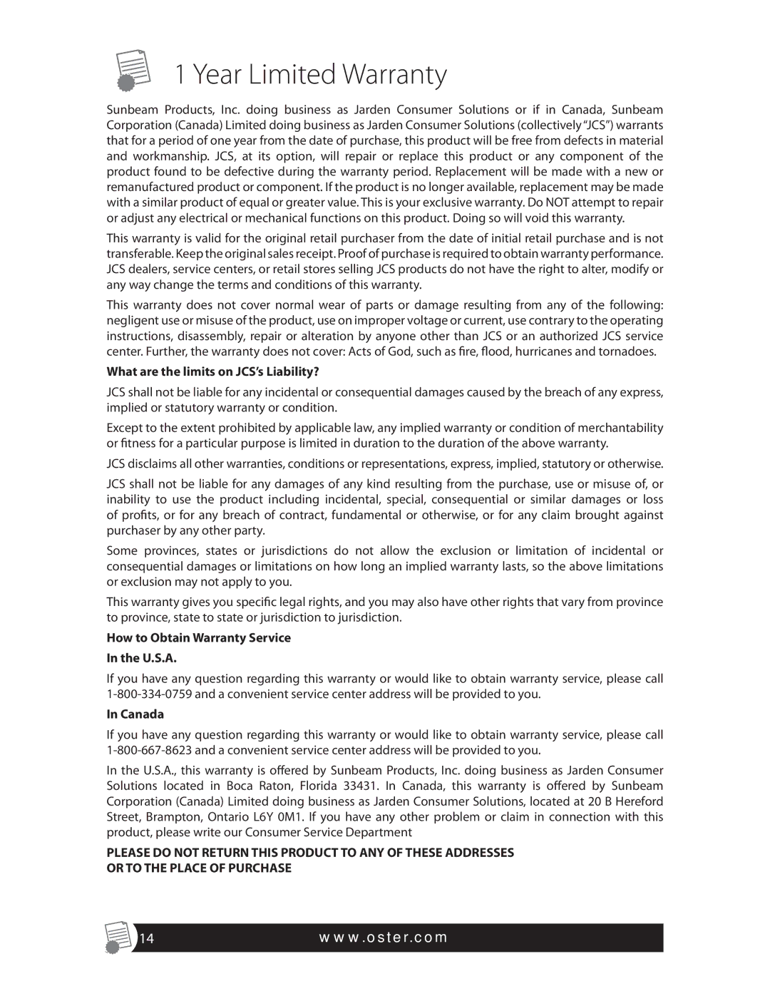 Oster FPSTFP4600, 137299, SPR-121409 warranty Year Limited Warranty, What are the limits on JCS’s Liability? 