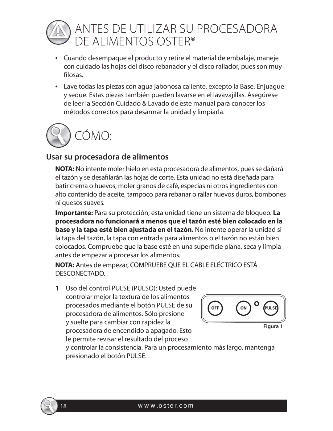 Oster 137299, SPR-121409, FPSTFP4600 Antes DE Utilizar SU Procesadora DE Alimentos Oster, Usar su procesadora de alimentos 