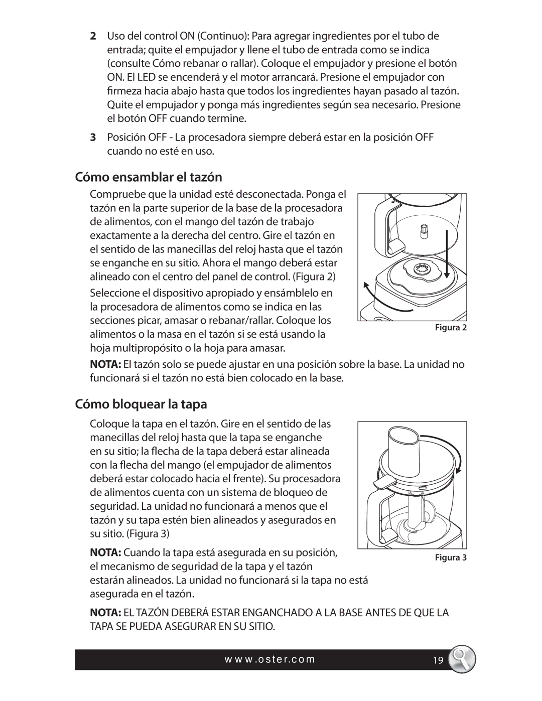 Oster SPR-121409, 137299, FPSTFP4600 warranty Cómo ensamblar el tazón, Cómo bloquear la tapa 