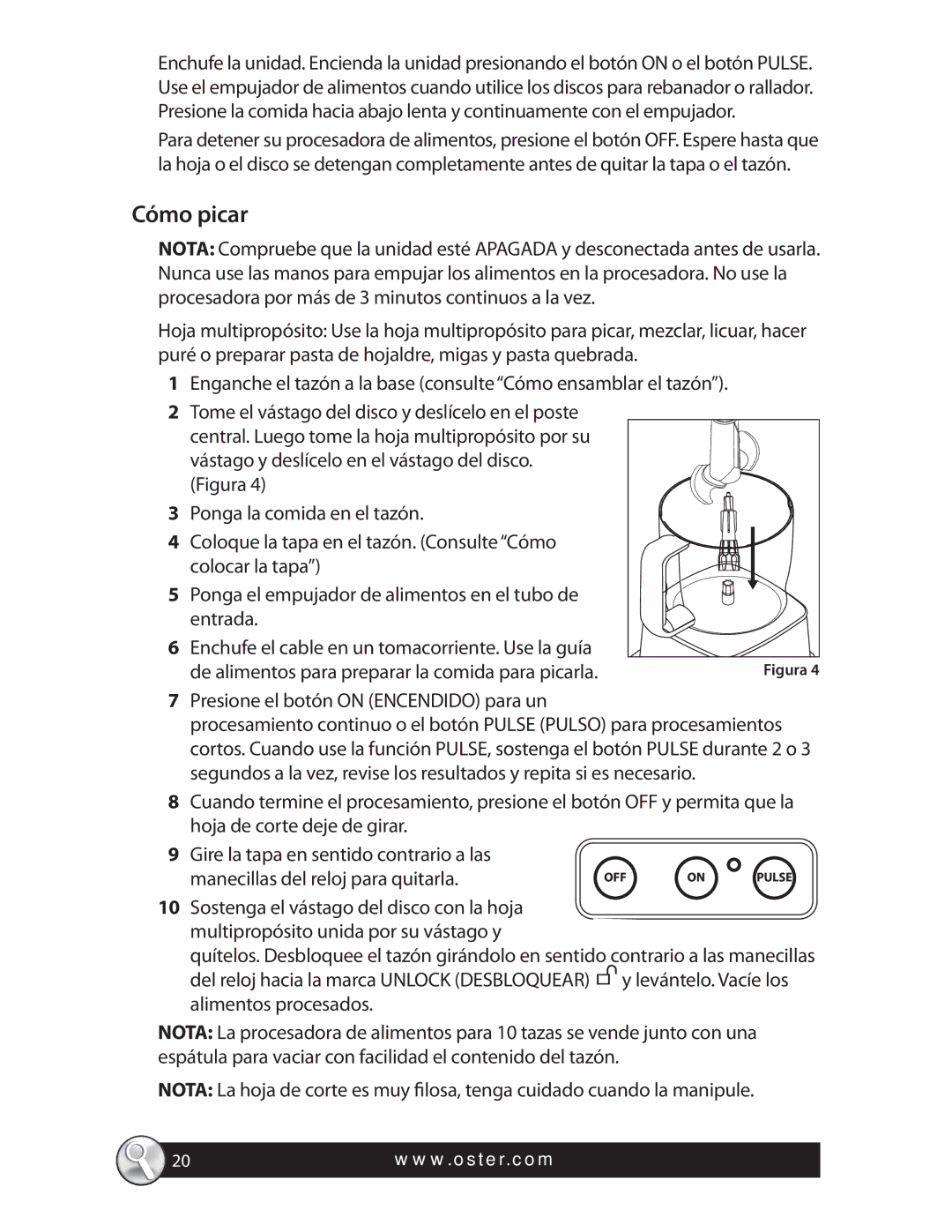 Oster FPSTFP4600, 137299, SPR-121409 warranty Cómo picar, De alimentos para preparar la comida para picarla 