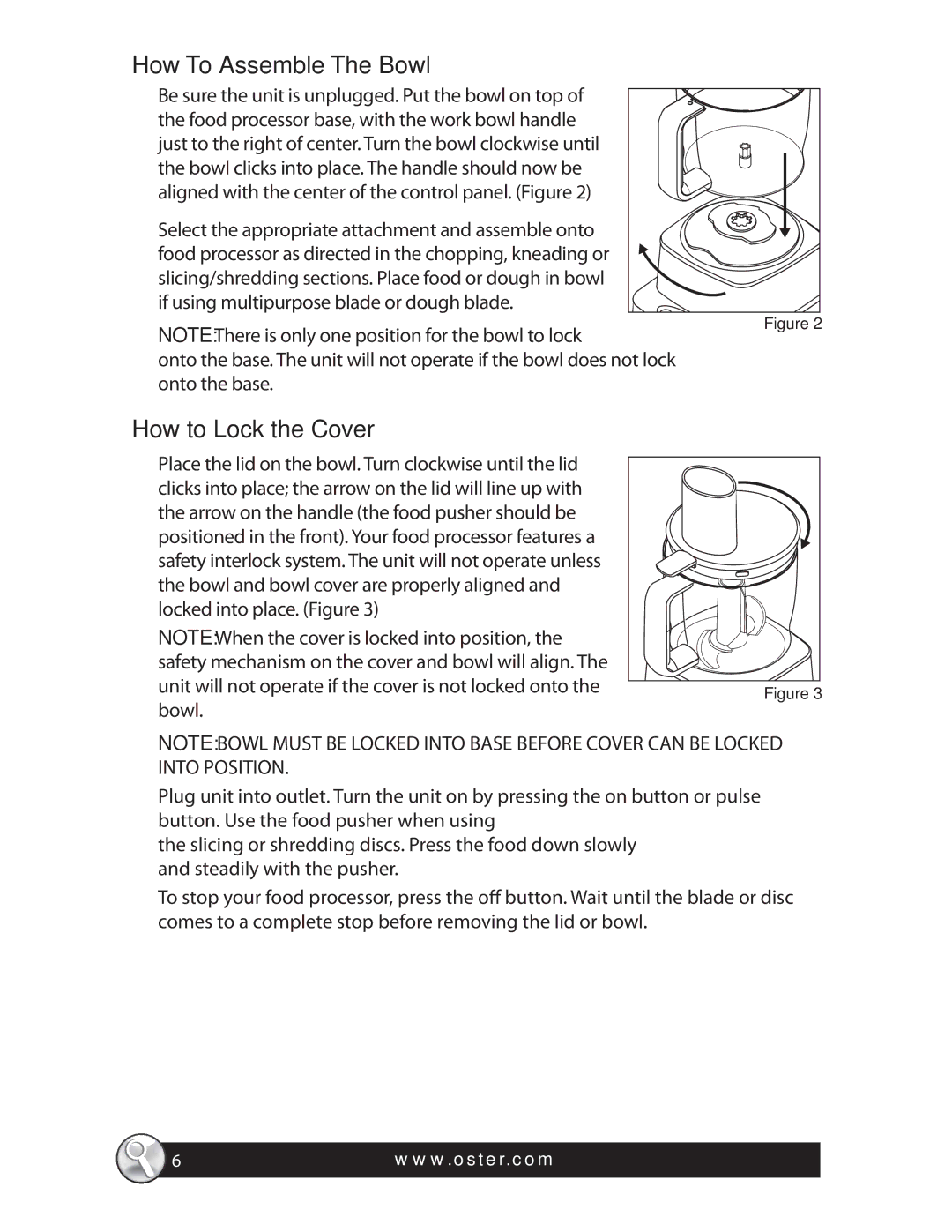 Oster 137299, SPR-121409, FPSTFP4600 warranty How To Assemble The Bowl, How to Lock the Cover 