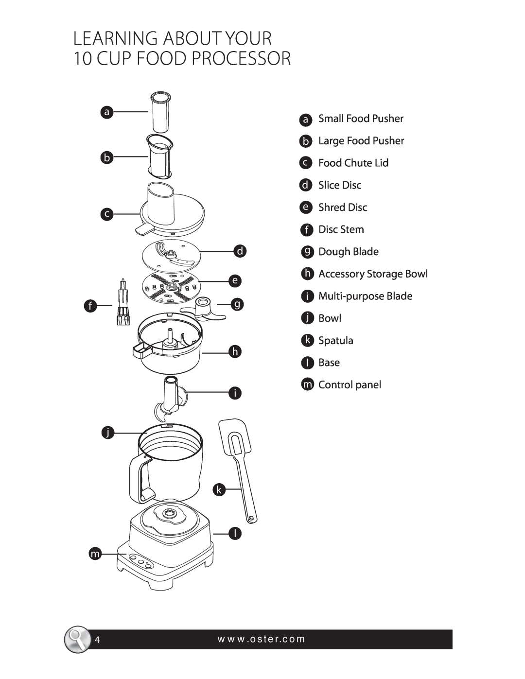 Oster SPR-121409, 137299, FPSTFP4600 warranty LEARNING ABOUT YOUR 10 CUP FOOD PROCESSOR, k l m 