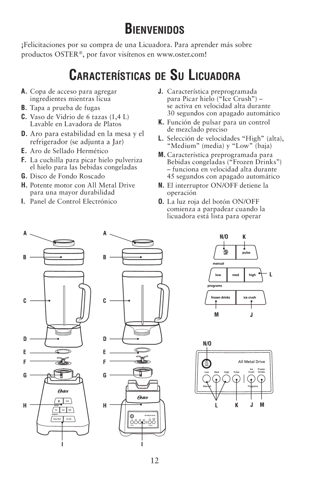 Oster 139846 user manual Bienvenidos Características de Su Licuadora, Panel de Control Electrónico 