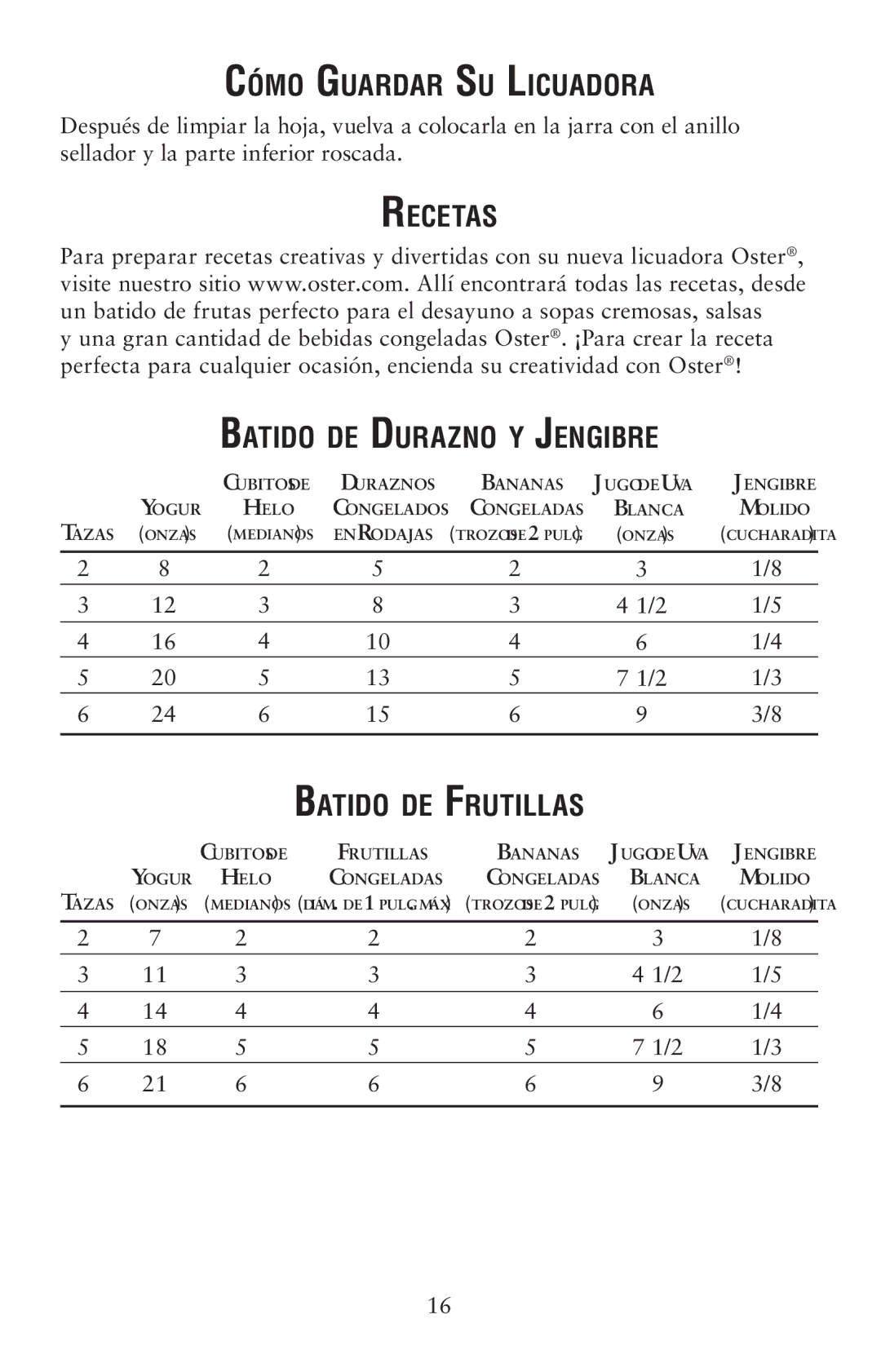 Oster 139846 user manual Cómo Guardar Su Licuadora, Recetas, Batido de Durazno y Jengibre, Batido de Frutillas 