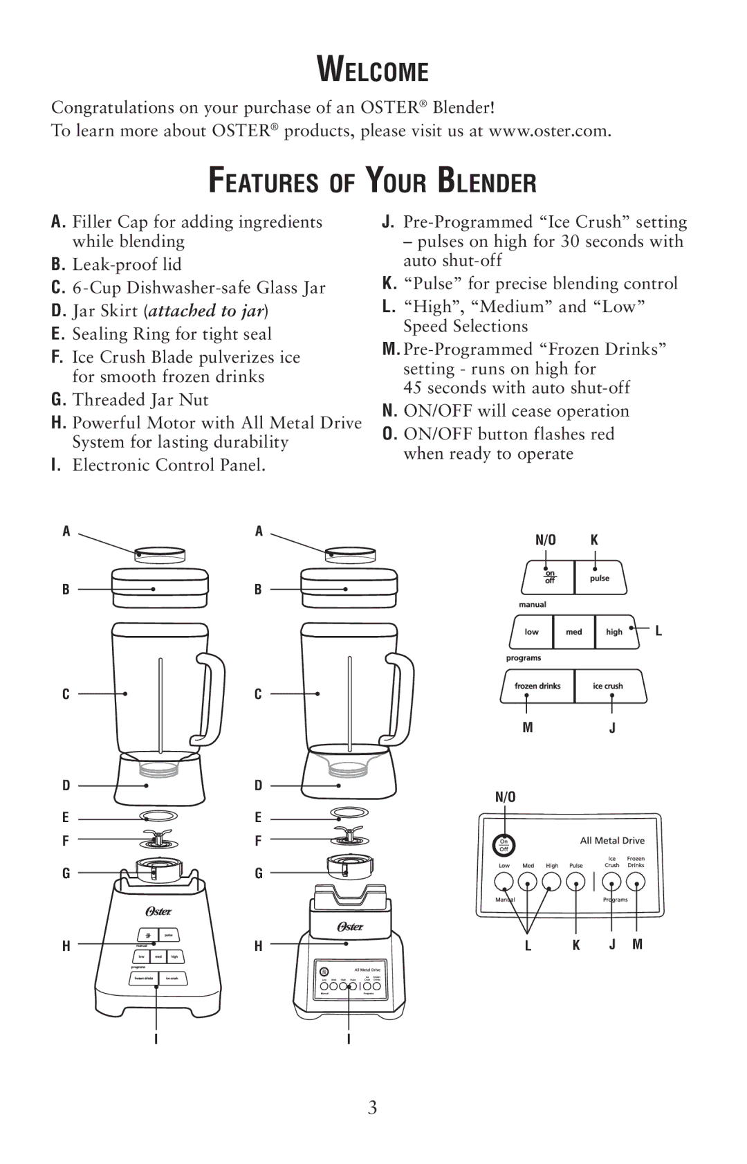 Oster 139846 user manual Welcome, Features of Your Blender 