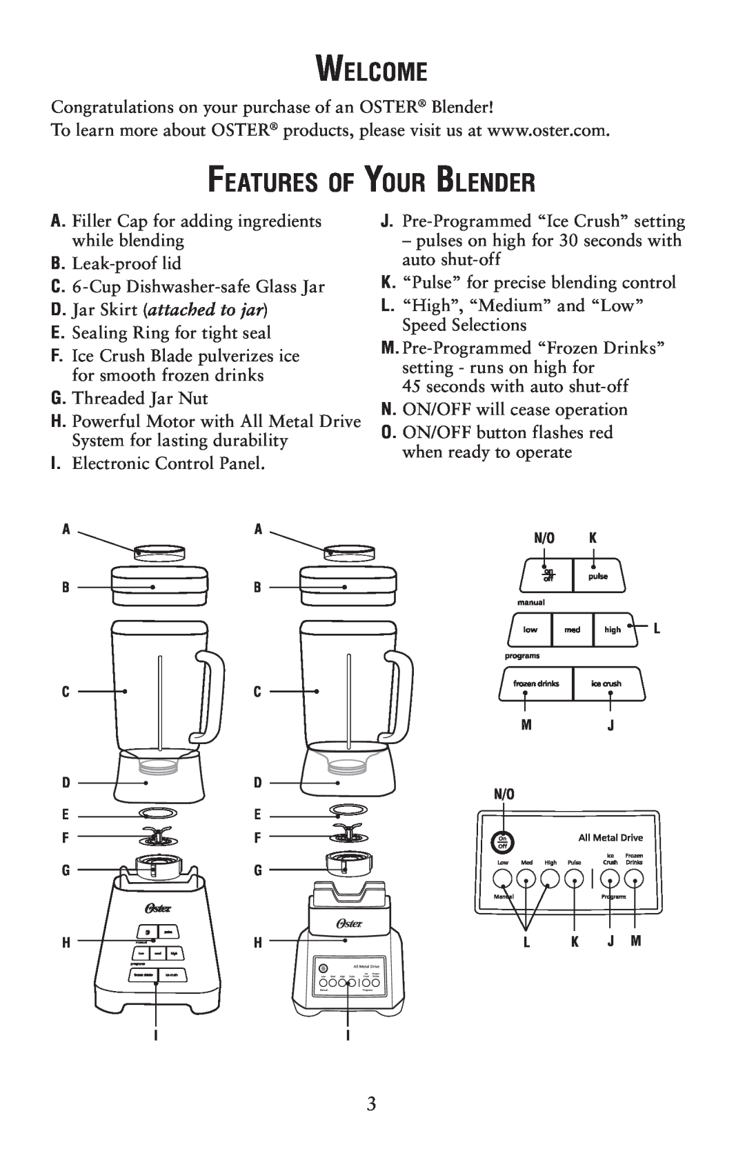 Oster 139846 user manual Welcome, Features of Your Blender, D.Jar Skirt attached to jar 