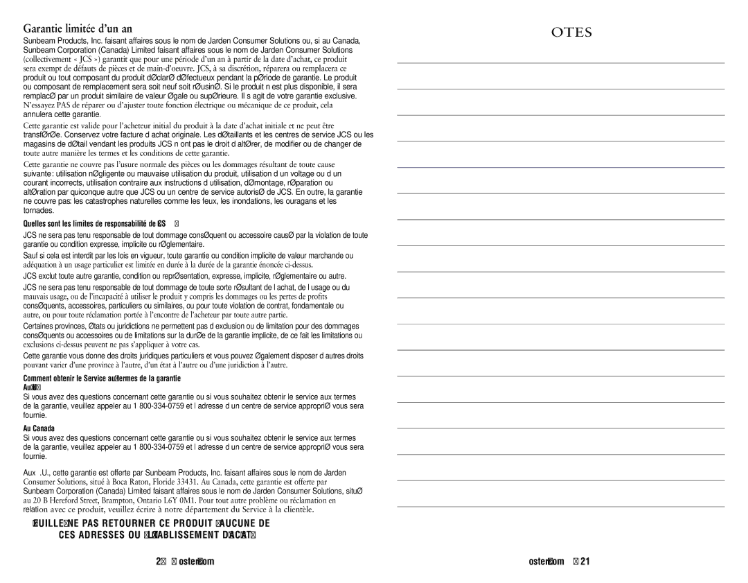 Oster 146360-REVA user manual Garantie limitée d’un an 