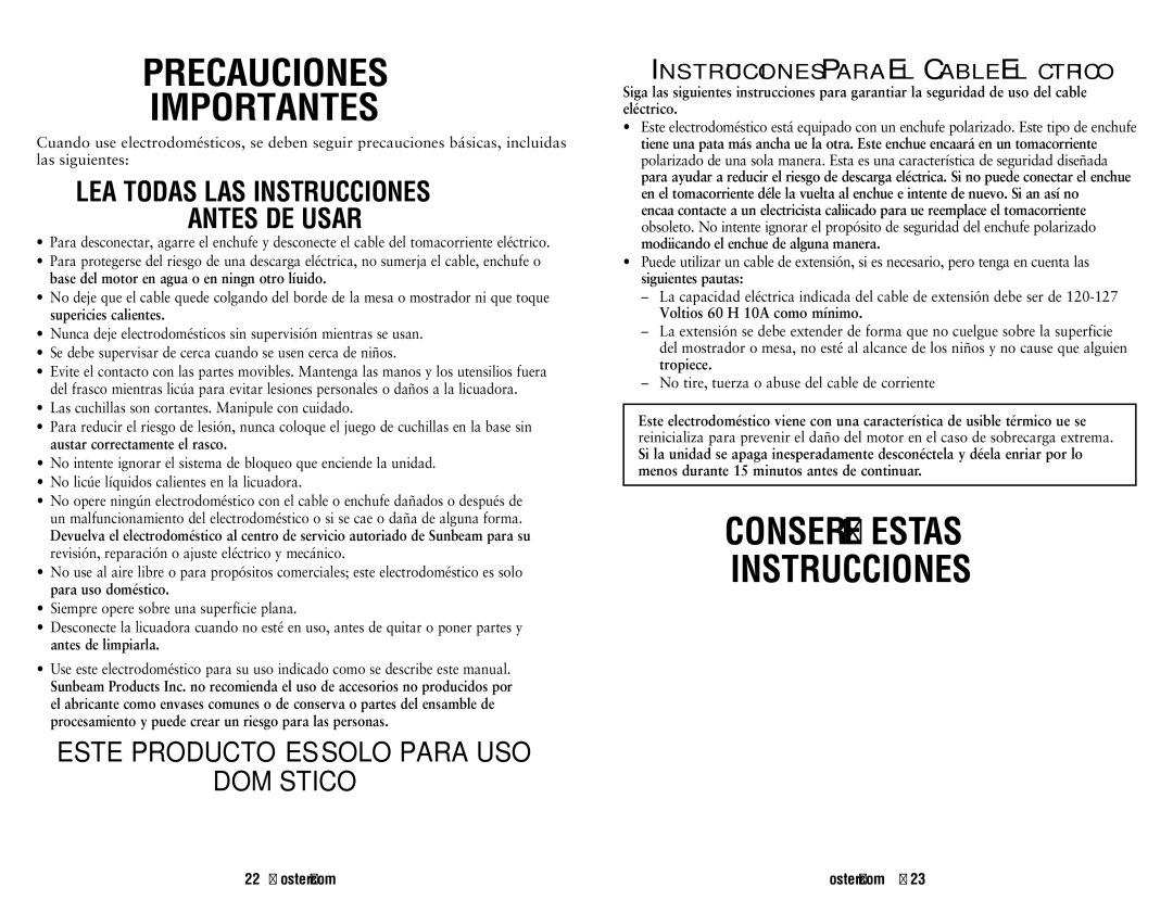 Oster 146360-REVA user manual Precauciones Importantes, Las cuchillas son cortantes. Manipule con cuidado 