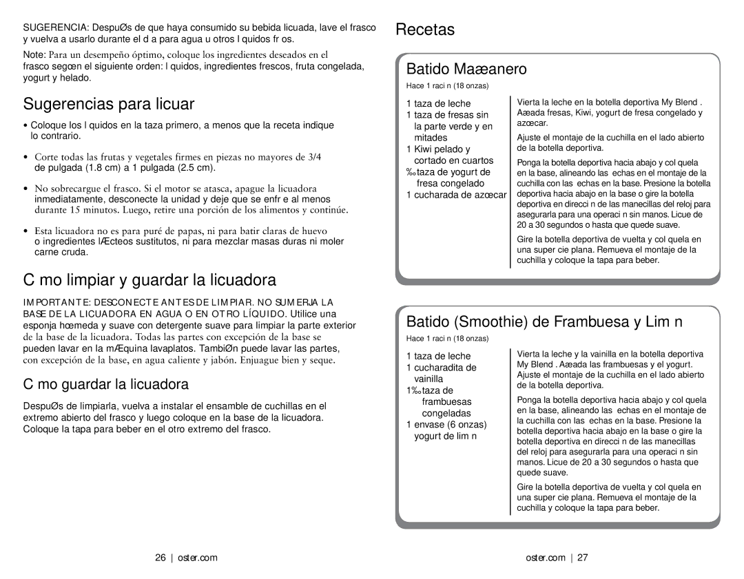 Oster 146360-REVA user manual Recetas, Sugerencias para licuar, Cómo limpiar y guardar la licuadora, Batido Mañanero 