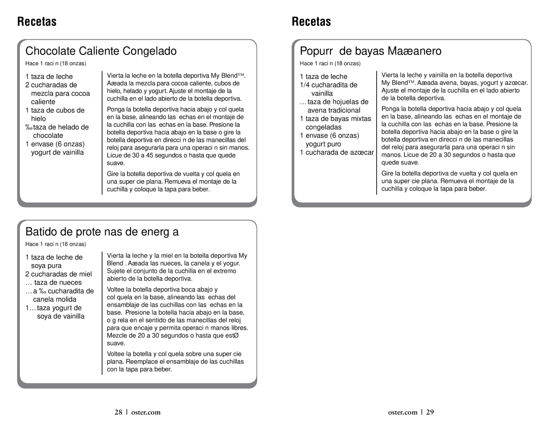 Oster 146360-REVA user manual Chocolate Caliente Congelado, Popurrí de bayas Mañanero, Batido de proteínas de energía 