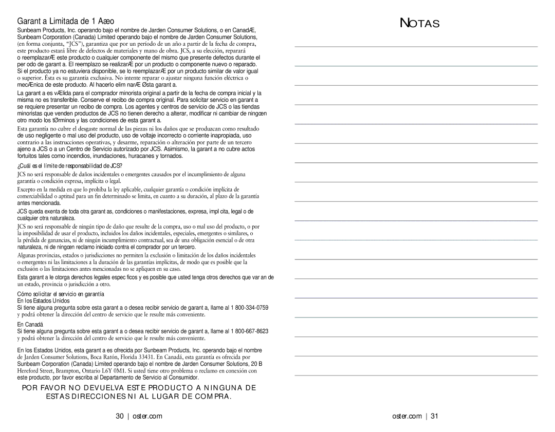 Oster 146360-REVA user manual Notas 