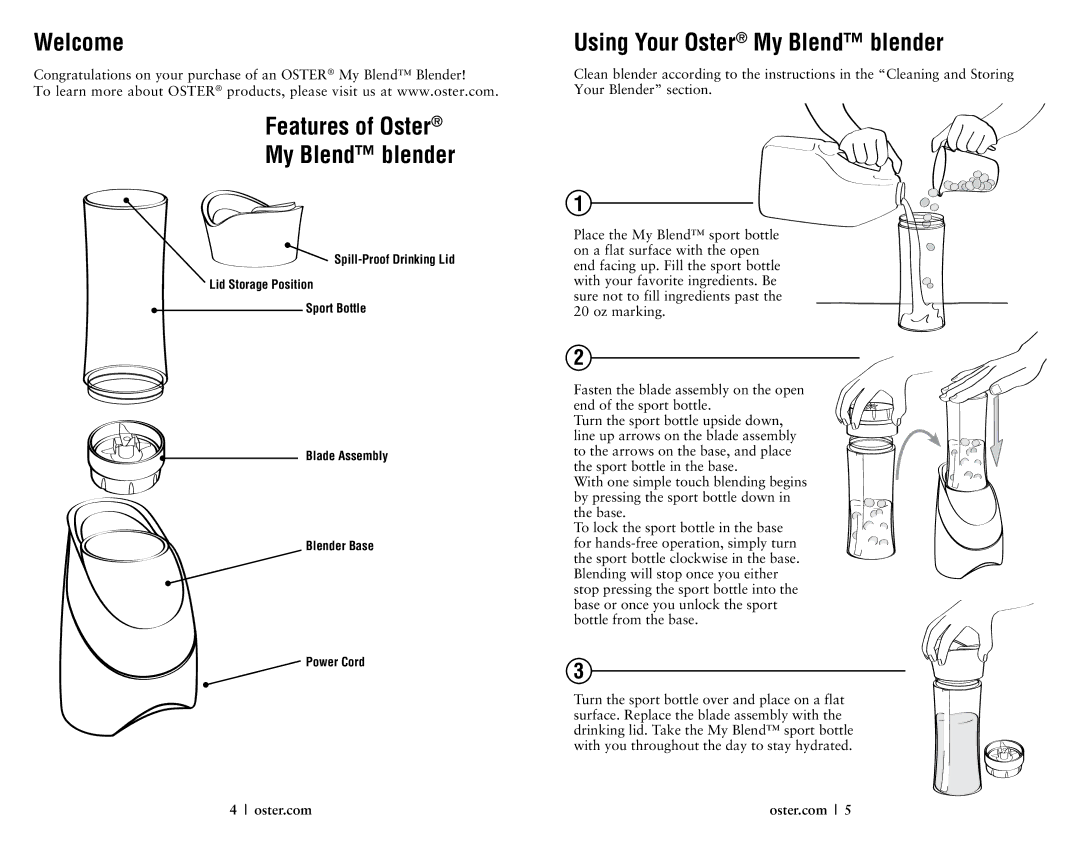 Oster 146360-REVA user manual Welcome, Features of Oster My Blend blender, Using Your Oster My Blend blender 