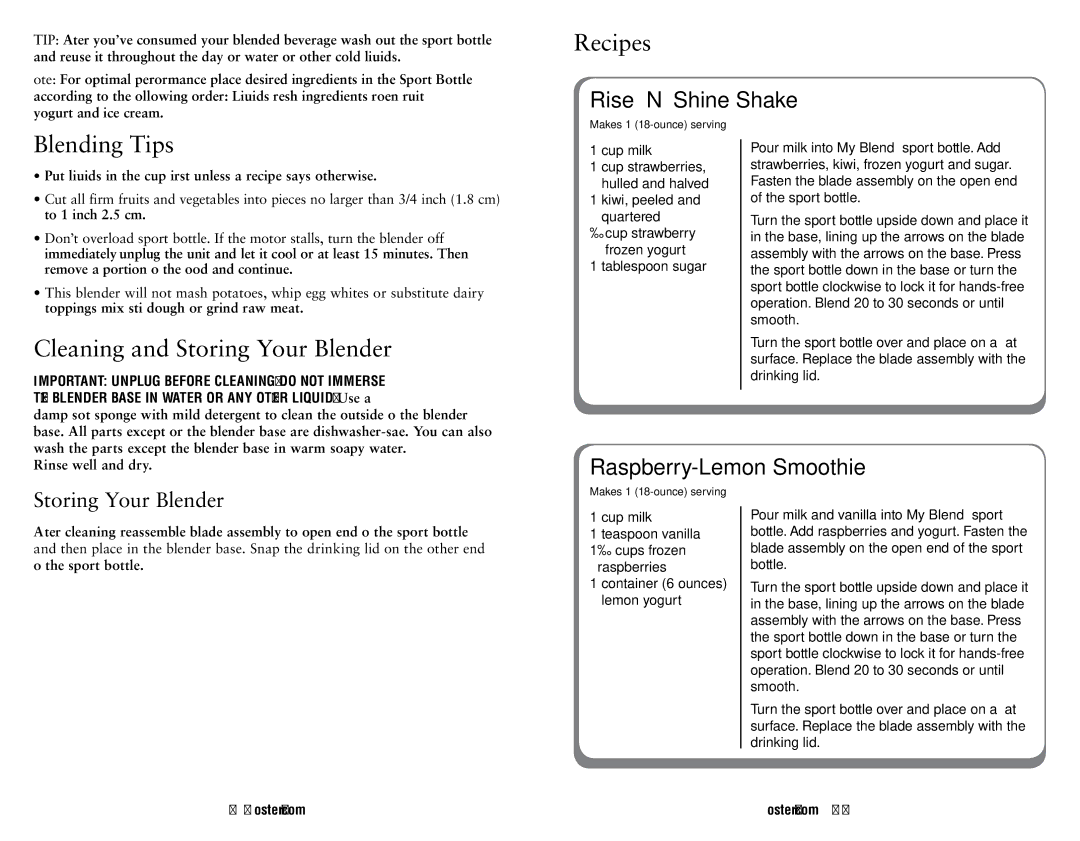 Oster 146360-REVA user manual Recipes, Blending Tips, Cleaning and Storing Your Blender, Rise ’N’ Shine Shake 