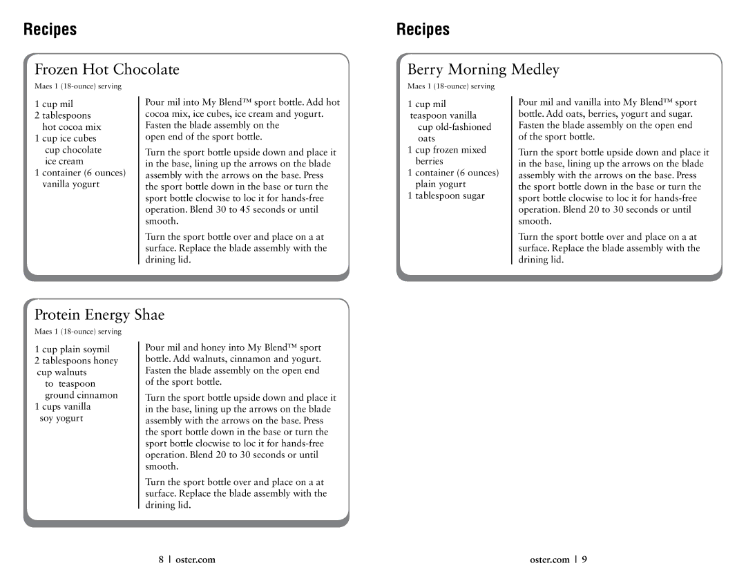 Oster 146360-REVA user manual Frozen Hot Chocolate, Berry Morning Medley, Protein Energy Shake 