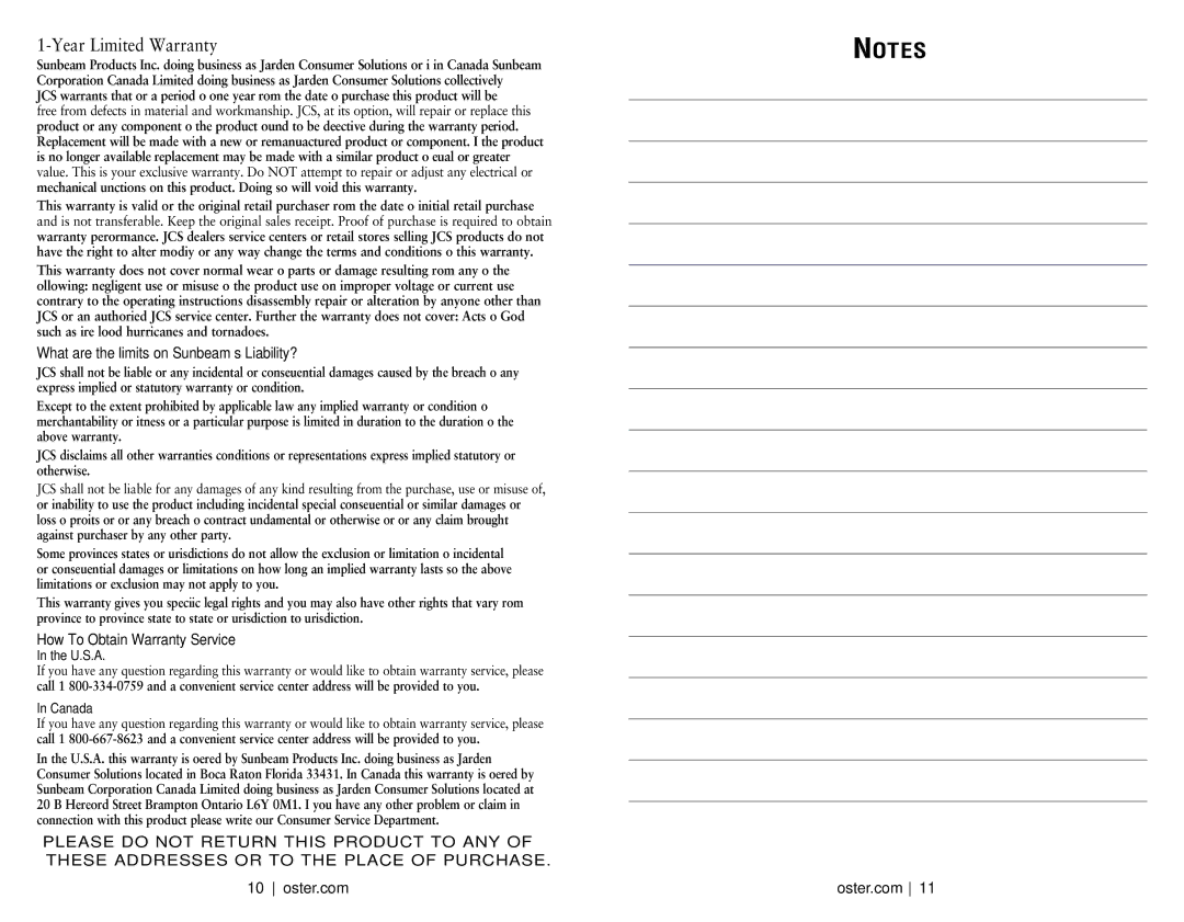 Oster 146360-REVA user manual Year Limited Warranty 