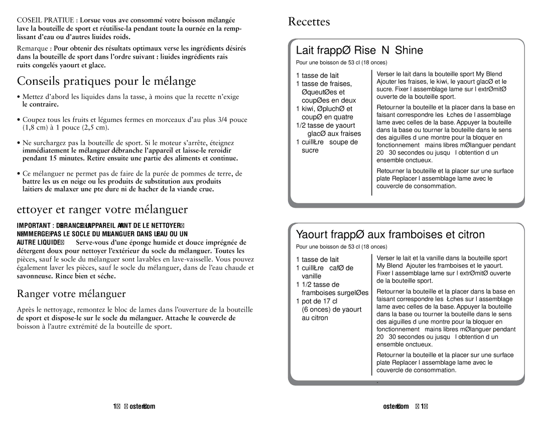 Oster 146360-REVA user manual Recettes, Conseils pratiques pour le mélange, Nettoyer et ranger votre mélanguer 