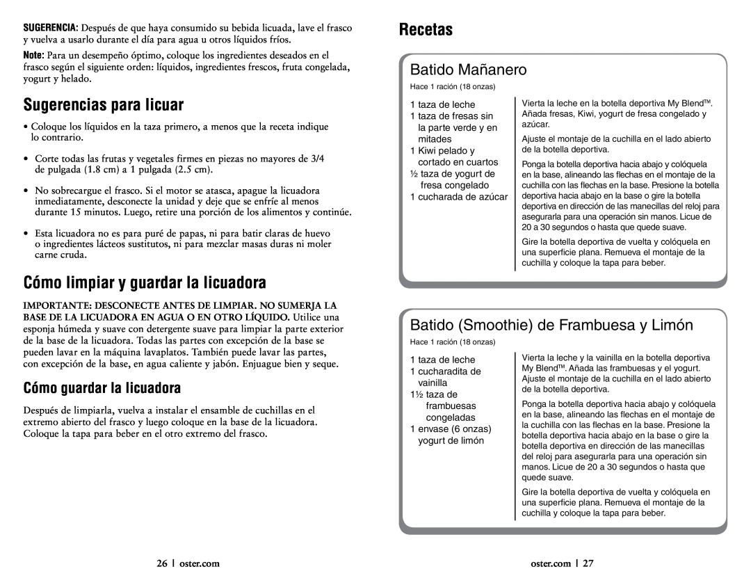 Oster 146360-REVA user manual Recetas, Sugerencias para licuar, Cómo limpiar y guardar la licuadora, Batido Mañanero 