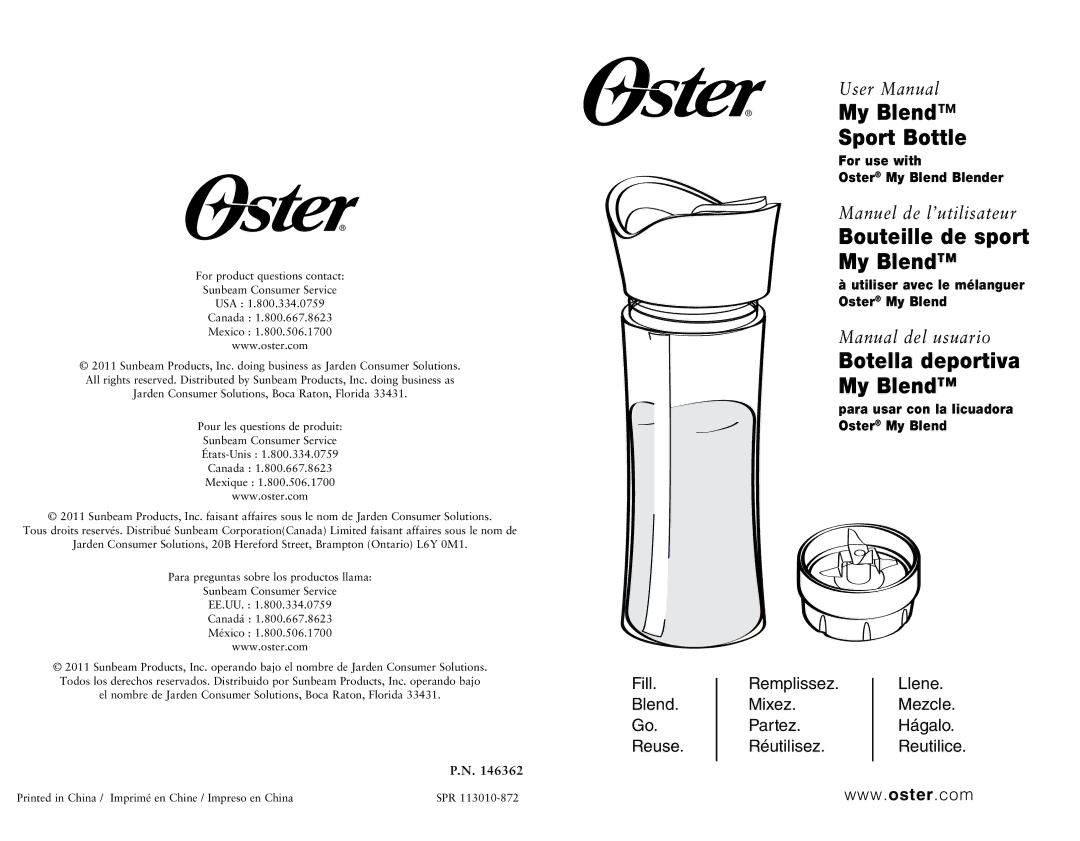 Oster My Blend Sport Bottle, 146362 user manual 