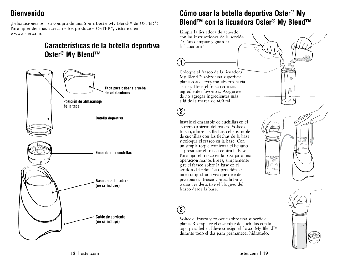 Oster 146362, My Blend Sport Bottle user manual Botella deportiva Ensamble de cuchillas 