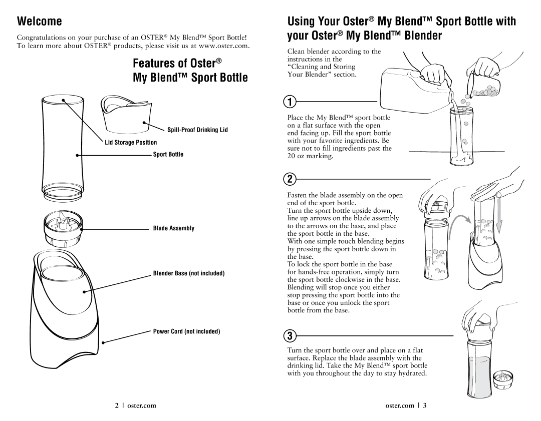 Oster 146362 user manual Welcome Features of Oster My Blend Sport Bottle, Oster.com 