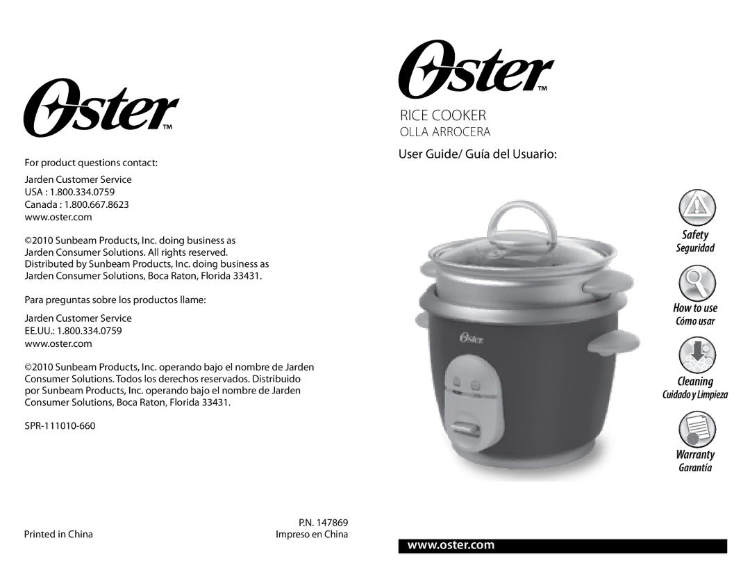 Oster 147869 manual Rice cooker, Olla Arrocera User Guide/ Guía del Usuario 