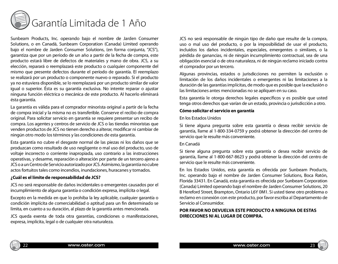 Oster 147869 manual ¿Cuál es el límite de responsabilidad de JCS?, Cómo solicitar el servicio en garantía 