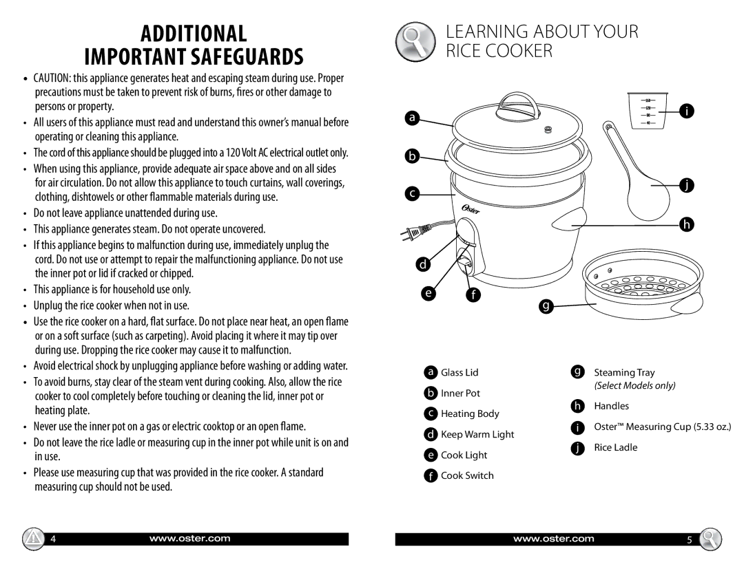 Oster 147869 manual Important Safeguards, Learning about your rice cooker 