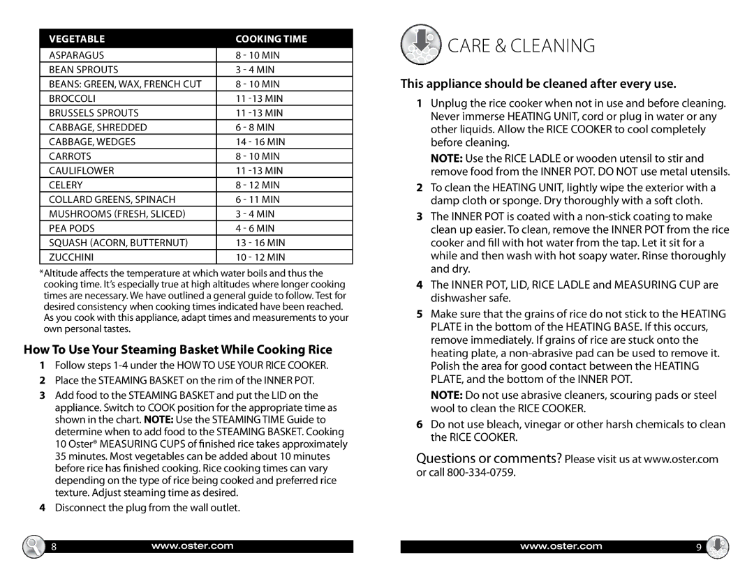 Oster 147869 manual Care & cleaning, How To Use Your Steaming Basket While Cooking Rice 