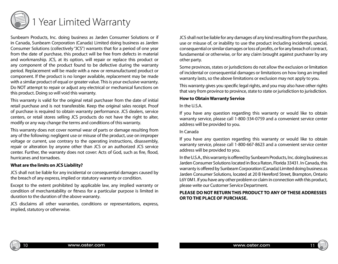 Oster 147869 manual What are the limits on JCS Liability?, How to Obtain Warranty Service 