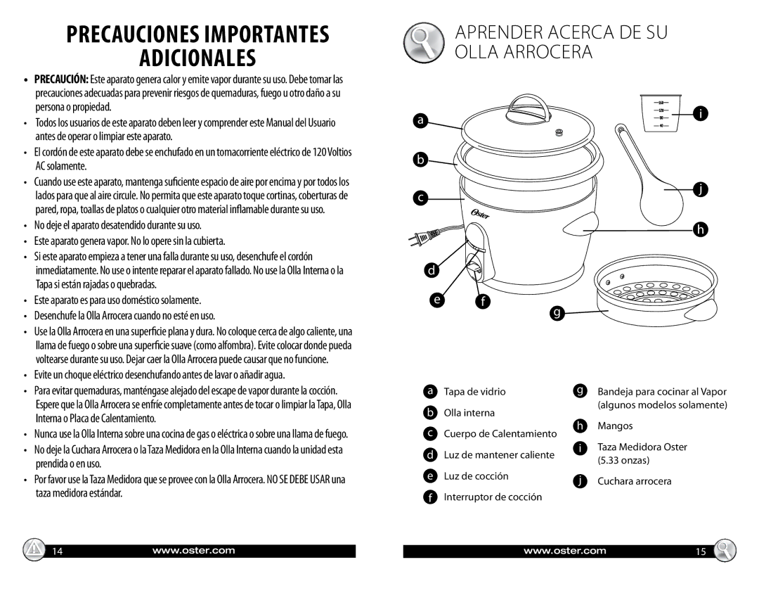 Oster 147869 manual Adicionales, Aprender acerca de su Olla Arrocera 