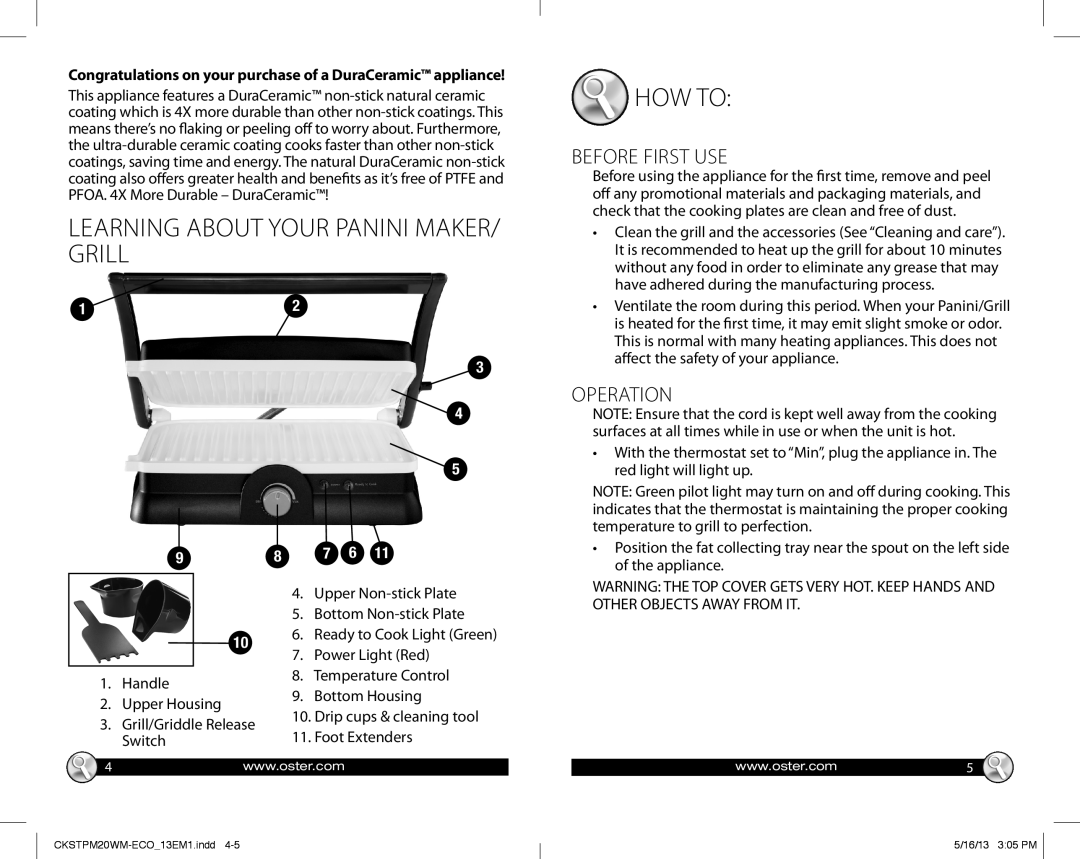 Oster 166143 warranty Learning about Your Panini MAKER/ Grill, HOW to, Before First USE, Operation 