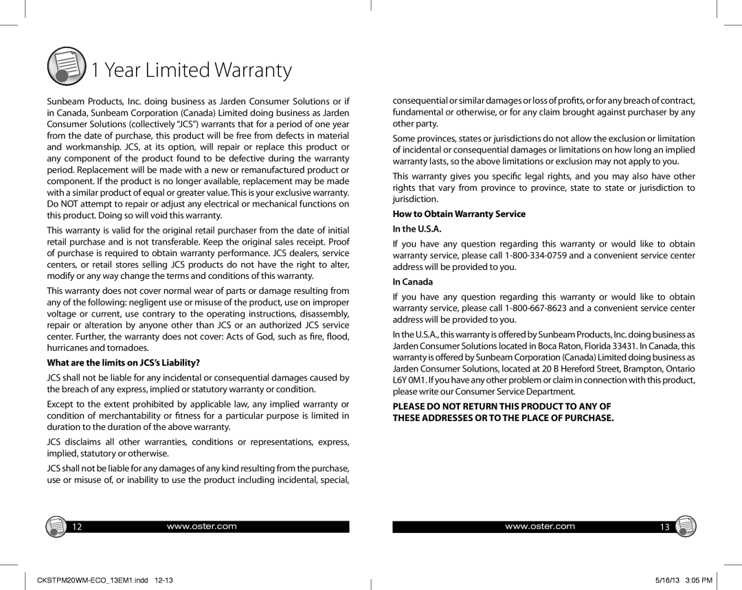 Oster 166143 warranty Year Limited Warranty 