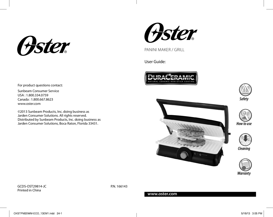 Oster 166143 warranty PANINI MAKER / GRILL User Guide, Safety How to use Cleaning Warranty, CKSTPM20WM-ECO13EM1.indd 