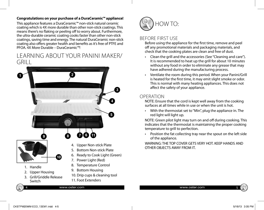 Oster 166143 warranty Learning About Your Panini Maker/ Grill, How To, Before First Use, Operation 