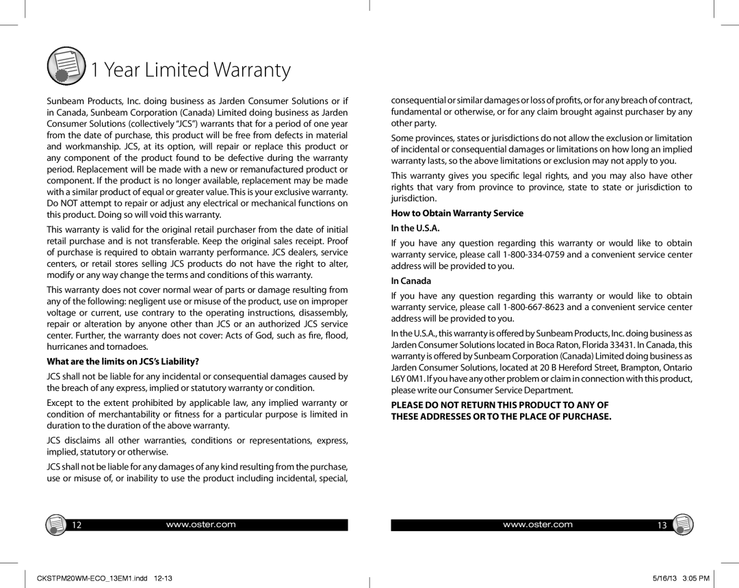 Oster 166143 Year Limited Warranty, What are the limits on JCS’s Liability?, How to Obtain Warranty Service In the U.S.A 