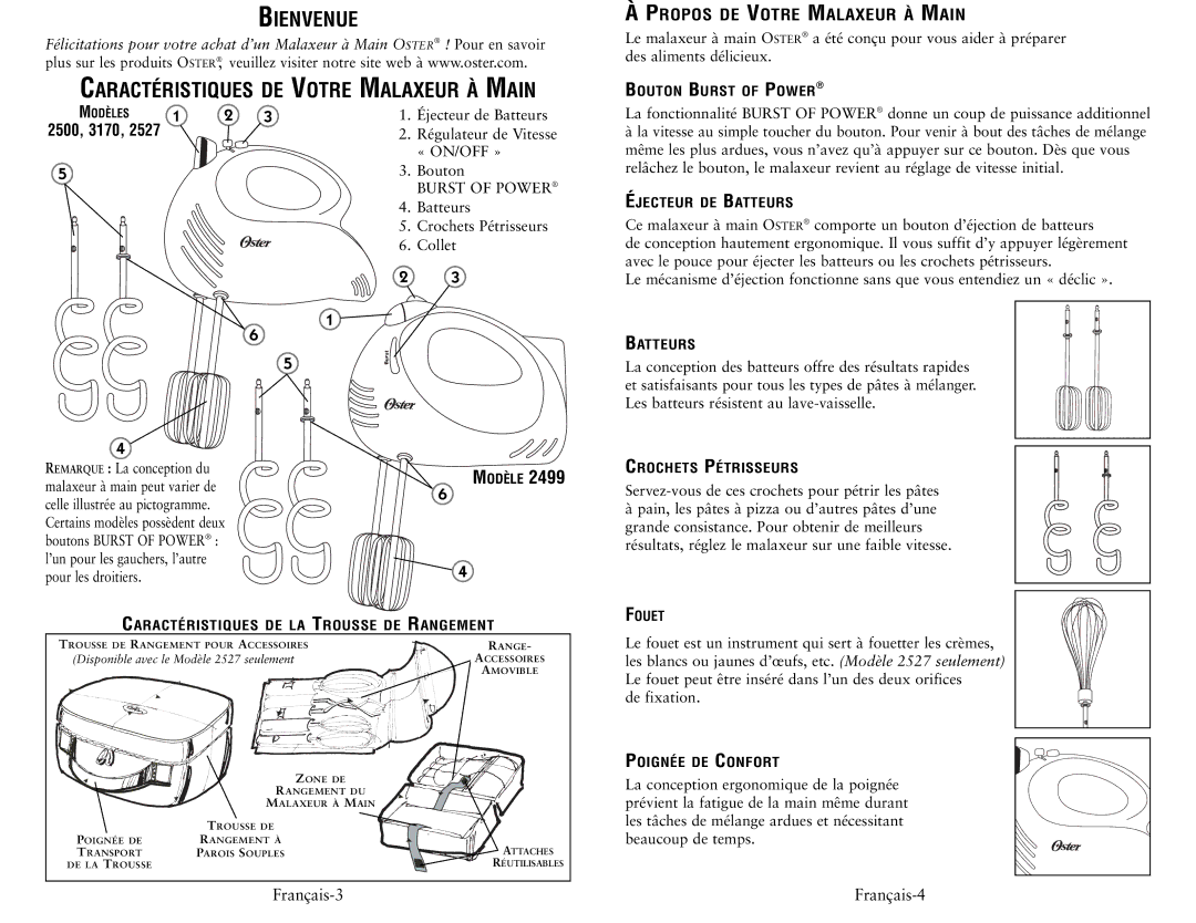 Oster 2527, 2500, 3170, 2499 user manual Bienvenue, Malaxeur À Main 