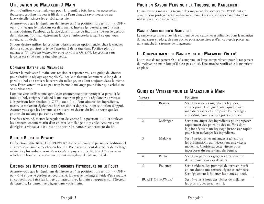 Oster 2499 Utilisation DU Malaxeur À Main, Pour EN Savoir Plus SUR LA Trousse DE Rangement, RANGE-ACCESSOIRES Amovible 