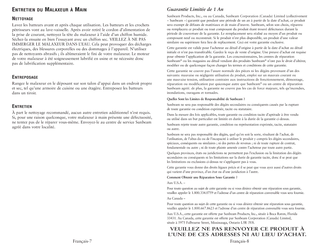 Oster 2500, 3170 Guarantie Limitée de 1 An, Entretien DU Malaxeur À Main, Comment Obtenir une Réparation Sous Garantie ? 