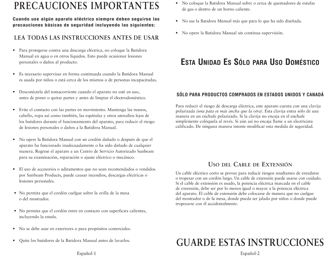 Oster 3170, 2500, 2527, 2499 user manual Precauciones Importantes, Sólo Para Productos Comprados EN Estados Unidos Y Canadá 