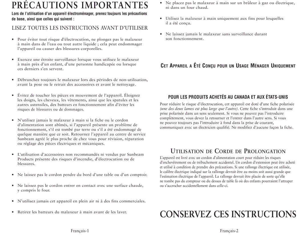 Oster 3170, 2500, 2527, 2499 user manual Précautions Importantes, Pour LES Produits Achetés AU Canada ET AUX ÉTATS-UNIS 