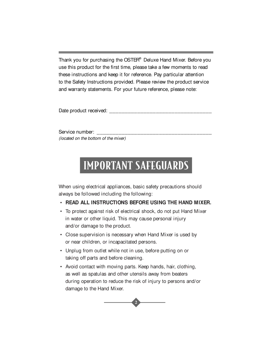 Oster 2506 instruction manual Important Safeguards 