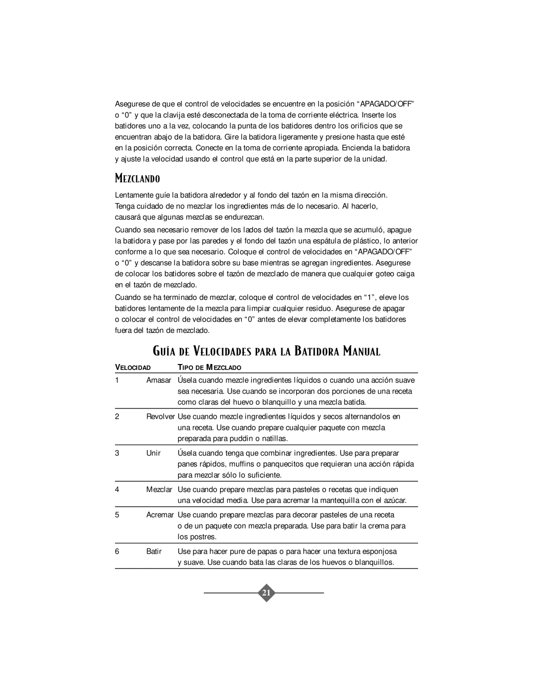 Oster 2506 instruction manual GUêA DE Velocidades Para LA Batidora Manual, Mezclando 