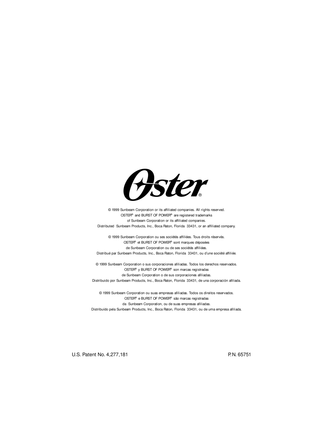 Oster 2506 instruction manual Patent No ,277,181 