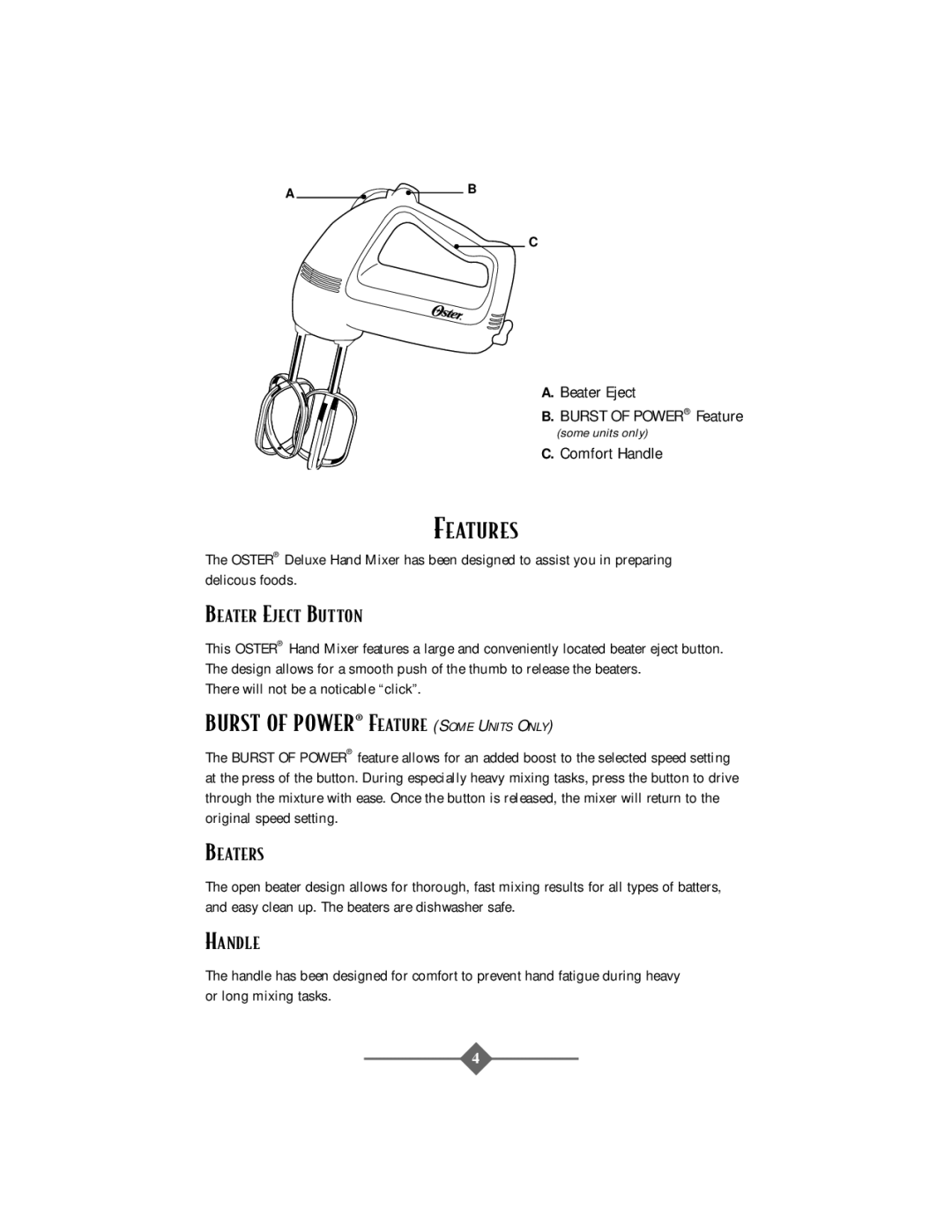 Oster 2506 instruction manual Features, Beater Eject Button, Beaters, Handle 