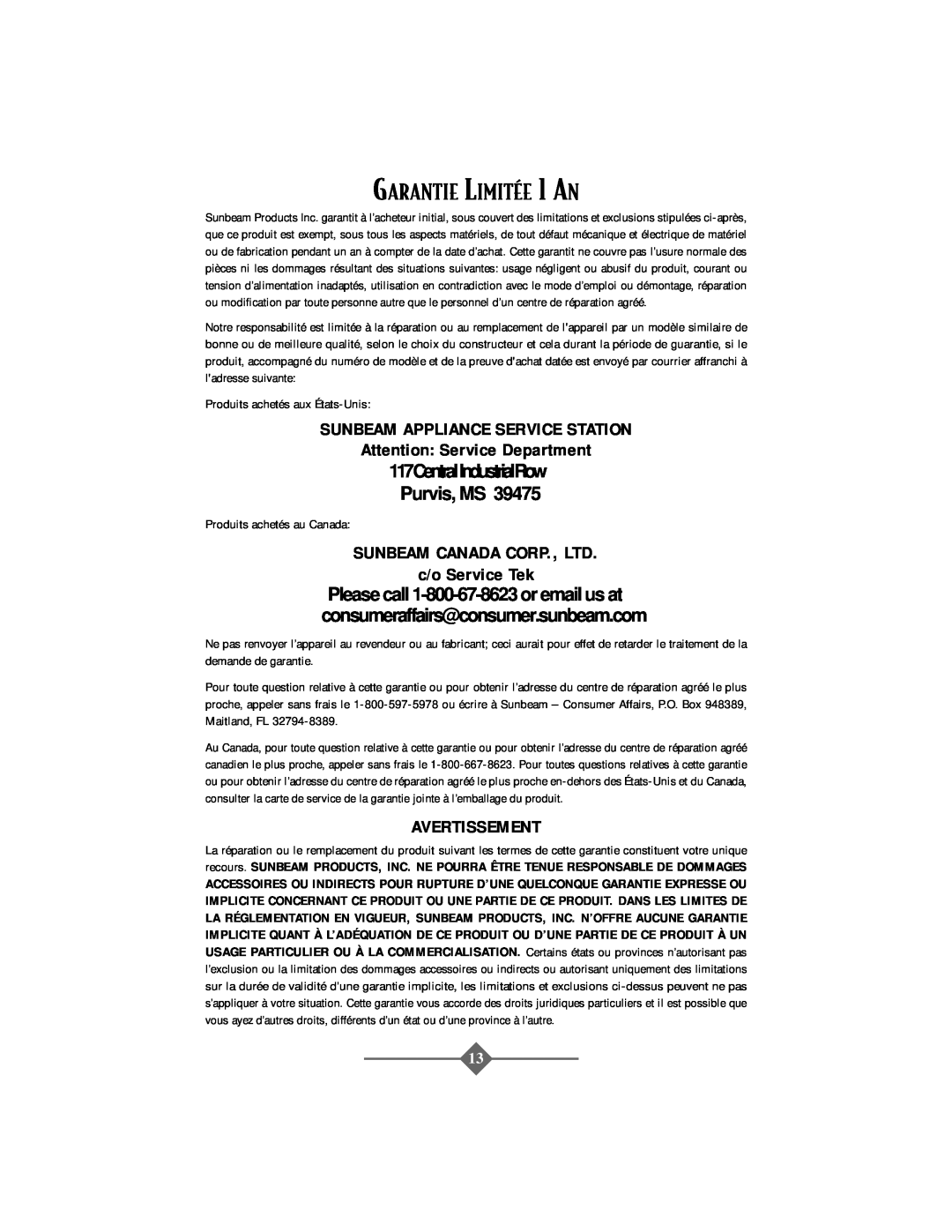 Oster 2506 instruction manual GARANTIE LIMITƒE 1 AN, 117CentralIndustrialRow Purvis, MS, Avertissement, c/o Service Tek 